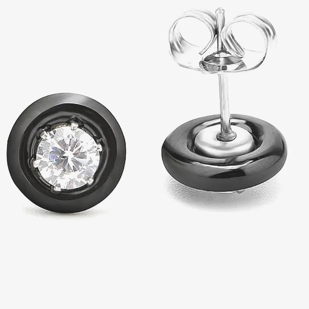 NEW Black‎ Ceramic 1 Carat Solitaire Diamond Stud Earrings, 9mm